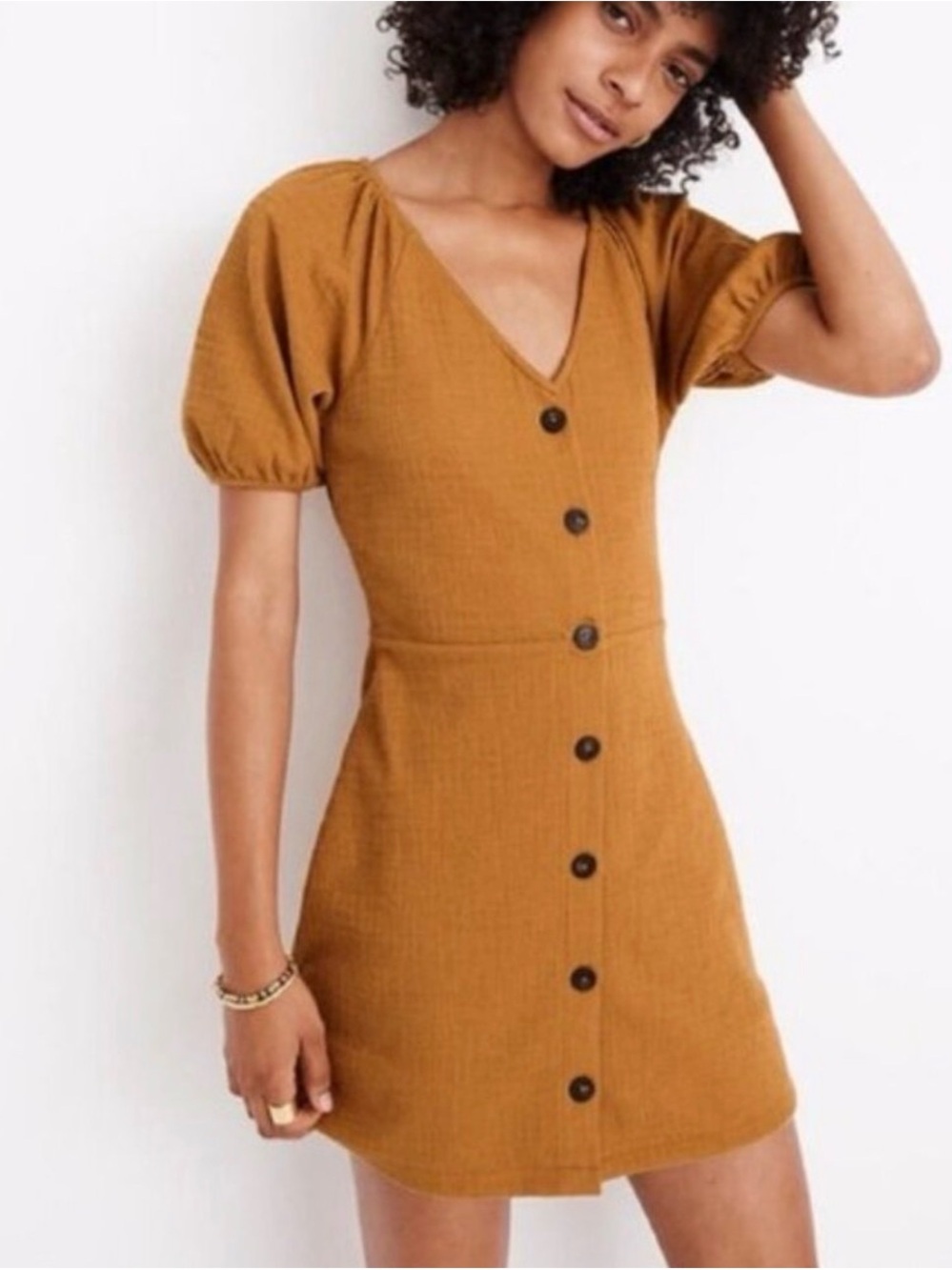 Madewell Mustard Button-Front Puff Sleeve Mini Dress - Picture 2 of 7